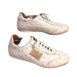 RARE Vintage Versace Ostrich Leather Trainers  Sneakers Sz 37 White Gold Logo
